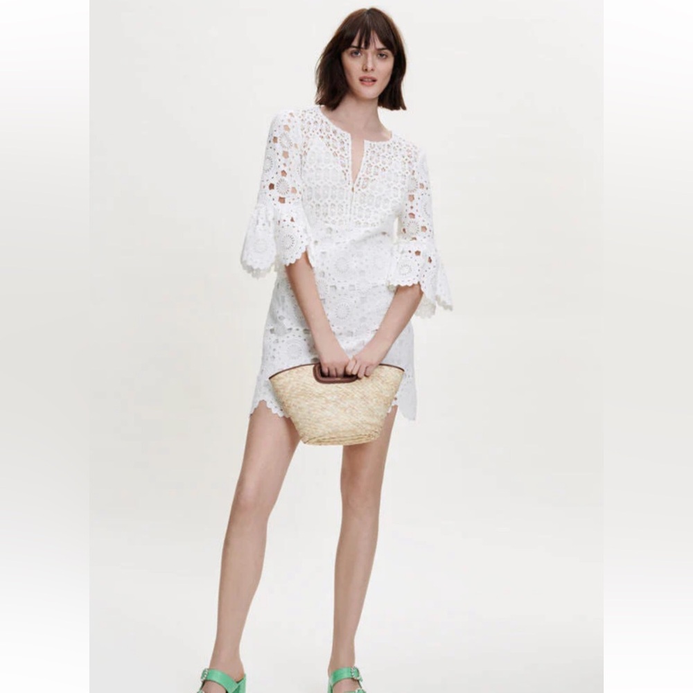 Maje Rochetine Embroidered Bell Sleeve Dress Size 38